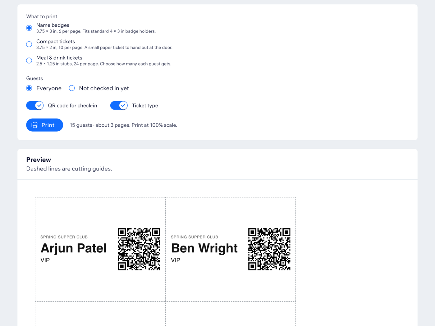 The Badges and Tickets page in Arrivals, with a preview of name badges that have QR codes